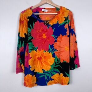 Calvin Klein Womens Resort Tropical Maximalism Cruise Top Sz L Stretch CK Logo